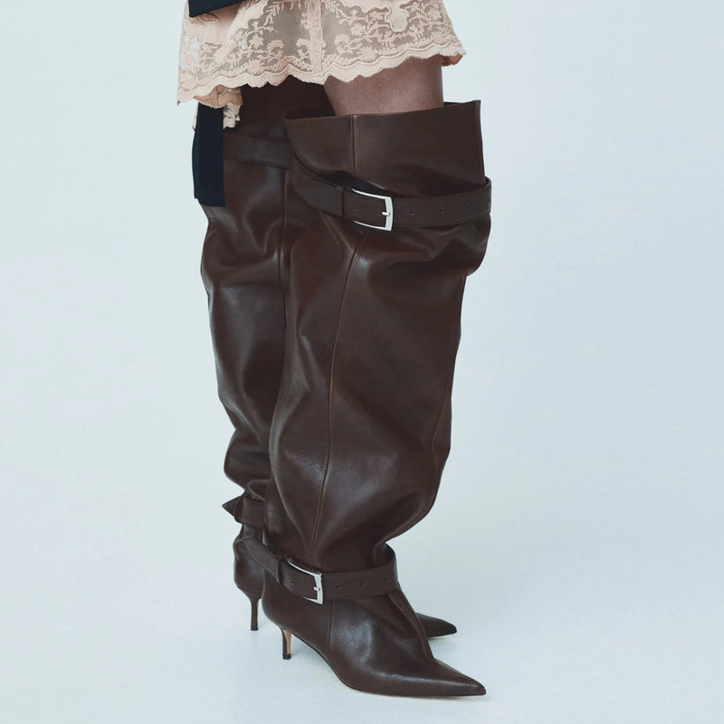 Women Pointed Toe Knee High Boots Double Buckle Strap Stiletto Heel Leather Slouch Thigh High Boots Fashion Party Boots