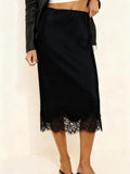 Women Elegant Lace Patchwork Satin Skirt Chic Solid High Waist Loose Midi A-line Skirts Lady Holiday Party Street Wear 2026 New