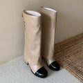 French style small fragrant round toe color blocked knight boots versatile thick heel high top boots for women
