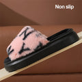 Brand Design Letter Print Plush Slippers for Women Thick Sole Comfortable House Shoes Woman Fashion Platform Fluffy Fur Slippers