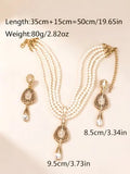 Gold Plated Multi Layer Pearl Jewelry Set Crystal Teardrop Necklace Earrings for Abaya