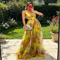 Women's Fashion Spring Summer New Mesh Floral Print Elegant Party Dress ladies Halter Neck Holiday Beach Long Dress