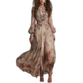 Spring Elegant Long Sleeve Boho Chiffon Long Dresses For Women O Neck Slim Vintage Floral Print High Waist Pleated Holiday Dress