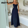 Women Summer Solid Spaghetti Strap Maxi Dress Tie Front Bust Corset Waist Long Dress Elegant Holiday Beach Party Casual Sundress