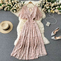 19 Colors Summer Floral Print V-neck Waist-cinching Chiffon Long Dress Women 2025 Trendy Elegant Casual Vacation Beach Dresses