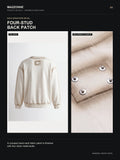 MAZZONNE Men's Beige Crew Neck Sweatshirt Letter Graphic Metal Stud Patch Long Sleeve Loose Fit Streetwear H