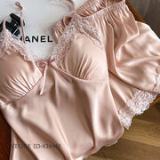 Pajamas Sexy Patchwork Lace Suspender Pijamas Suit Summer New Ice Silk Intimate Lingerie Strap Top&shorts Loose Homewear Pyjama