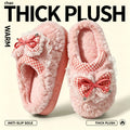 Kawaii Winter Warm Cotton Slippers Women Plaid Bowknot Lace Ruffle Plush Thick Platform Non-Slip Indoor Casual Shoes