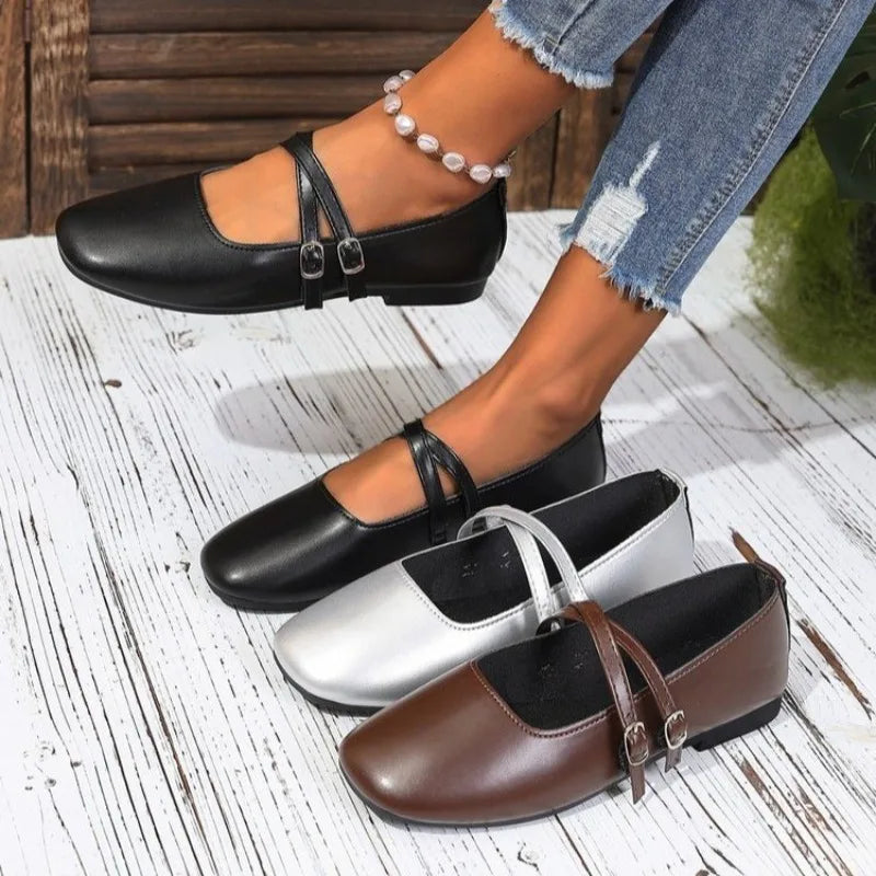 Classic Retro Mary Jane Flat Shoes Fashionable New Women'S Casual Shoes Square Toe Straight Buckle Shallow Mouth Work Shoes