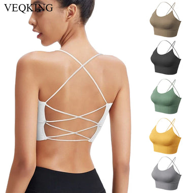 VEQKING Women Cross Strap Sports Bra Top Women Push Up Sport Bra Yoga Gym Crop Top Brassiere Fitness Top Sport Breathable Bras