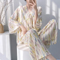 Summer Lady Cotton Silk Thin Pajamas Sets Women V-Neck Long Sleeve Tops Sleepwear Pants 2PCS Female Korean Loose Homewear Suits