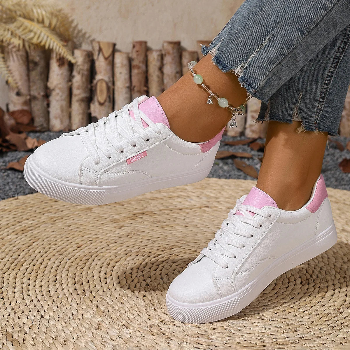 White Shoes Women's Spring Autumn Flat Bottom Leather Sneakers Casual Lace Up Students College Style Board Shoes Female