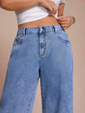 Curvy Plus Size Light Blue Washed Denim Wide Leg Pants, All Over Crystal Rhinestone Y2K High Waist Loose Jeans for Women