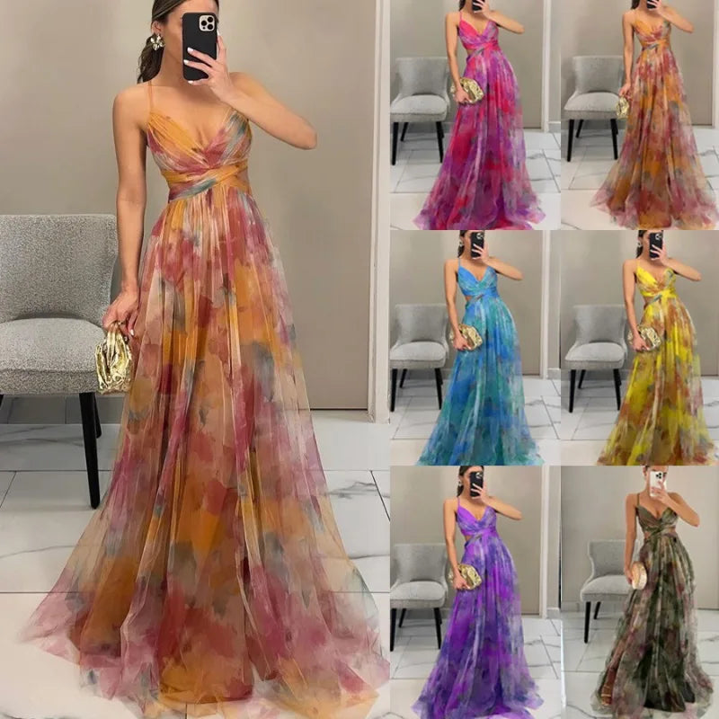 Sleeveless V-neck Women's Maxi Skirt 2025 New Mesh Print Slip Dress for Vacation Casual Party Dress Comfortable Oversized Skirt