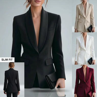 Women Formal Blazer Jacket Shawl Lapel Deep V Neck Shoulder Pad Long Sleeve Slim Office Business Coat
