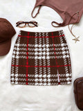 Women Elastic Waist Checkered Split Hem Mini Skirt Slim Fit Y2K Sexy Xmas Party Vintage Preppy Skirt