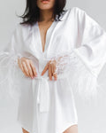 Women Satin Robe Feather Bathrobes Satin Sexy Mini Dress Long Sleeve Loose Peignoirs For Women Robe White Wedding Dress Black Bride Dresses