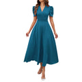 New Women's Short Sleeve Dress Spring and Summer High Waist Pullover V-Neck Dresses Fashion Female Casual Long Dresses