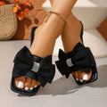 Black White Elegant Bow Flat Sandals Woman Fashion Crystal Soft Soles Square Toe Shoes Women's Summer Comfortable Beach Footwear