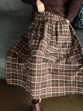 Women's Plaid Midi Skirt Elastic Waist Loose Pleated Long Flowy Mid Calf Skirt with Pockets 100% Polyester Vintage Casual