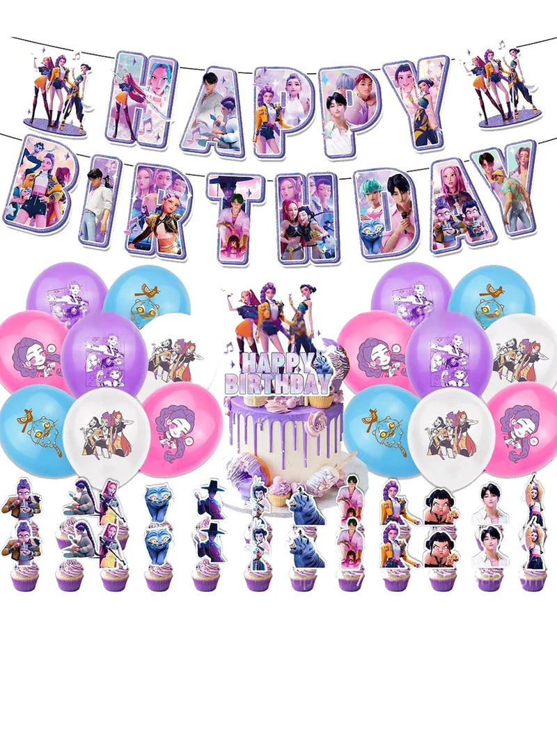 Party Disposable Set K-Pop Theme Disposable Tableware Set for Kids Birthday Baby Shower Party - Paper Plates Cups And Tablecloth with Birthday Banner