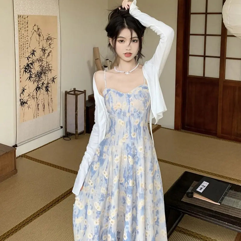 Slim Fit French Blue Oil Painting Slip Dress Spaghetti Strap Waist-Cinching Women's Floral Long Skirt Beach Vacation