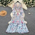 Women's Deep V-Neck Bohemian Dress Long Sleeve Floral Print Ruffle Hem Casual Spring Summer Runway Style Sweet Cascading Dress
