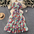 French Retro V-Neck Ruffle Sleeves Pleated Floral Dress For Women 2025 Summer High Waist Slimming Chiffon Long Dress w104