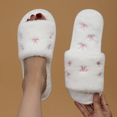 2026 New Arrival Winter Fleece Slippers Women's Warm Fake Rabbit Fur Indoor Comfortable Embroidered Bow Flat Shoes