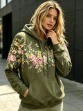 Women Fleece Hoodie Vintage Rose Floral Butterfly Partial Print Romantic Garden Style Oversized Hooded Sweatshirt