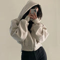 Women Fall Winter New Fleece Lined Hoodie Solid Color Zip Up Slim Short Warm Fashion Versatile Sweatshirt