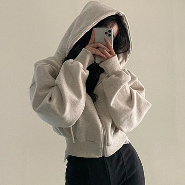 Women Fall Winter New Fleece Lined Hoodie Solid Color Zip Up Slim Short Warm Fashion Versatile Sweatshirt