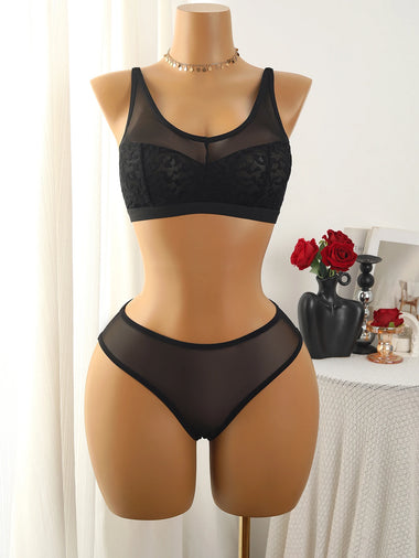 Women Sexy Lace Jacquard Wireless Bra Triangle Panty Lingerie Set