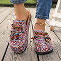 Vintage Ethnic Print Women Canvas Shoes Boho Patchwork Lace Up Flat Loafers Comfort Outdoor Walking Casual Shoes