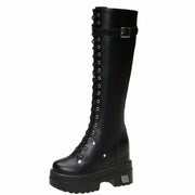 10CM New Women Platform Knee High Boots Winter Warm Plush Long Boots Leather Motorcycle Boots Lace-up Chunky Sneakers High Heels