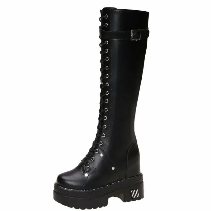 10CM New Women Platform Knee High Boots Winter Warm Plush Long Boots Leather Motorcycle Boots Lace-up Chunky Sneakers High Heels