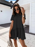 New Women's Elegant Solid Color Dress Short Dresses Loose Casual Round Neck Short Sleeves Ruffles O-Neck Ladies Party Streetwear