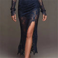 Maxi Floral Dress Women Bodycon Solid Lace Maxi Dress High Mock Neck Long Sleeve Ruched Side High Slit Hem Sheer Floral Dress Evening Prom Dresses