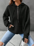 Women Plus Size Black Waffle Textured Half Zip Drawstring Hoodie Pocket Oversized Daily Casual Sweatshirt