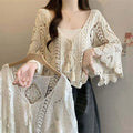 Flared Sleeve Crochet Top Hollow-out Openwork Pullover Women Guipure Lace Blouse Spring Summer French Chic Festival Boho