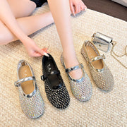Women's 2026 New Mesh Full of Diamond Decoration Breathable Ballet Flats Spring Summer Non-slip Comfortable Casual Low-top Shoes