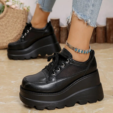 Fashion Black White Chunky Sneakers Gothic Platform Wedge Shoes for Woman 2025 Thick Bottom Mesh Breathable Sneakers Plus Size