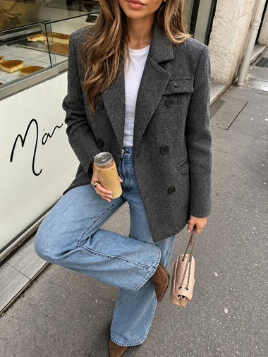 Elegant Women Herringbone Blazer Wool Coat Double Breasted Notched Lapel Long Jacket Fall Winter Vintage Office Lady Outerwear