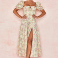 Skinny floral prints Dresses for Summer Women's Dress Square Neck Short Bubble Sleeves High Waist Lace-up Maxi Split Dress