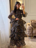 Elegant Floral Women's Cake Dress Bell-Bottomed Sleeve Stand Collar Waist-Closed Lady Dresses 2026 Spring Summer Female Robe