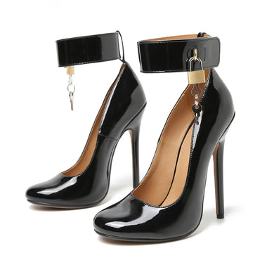 Fashion Women's Shoes 15CM Thin Heels Round Toe Unisex Party Tube Dance Locked Padlocks Punk Red Pumps Free Shipping Stilettos