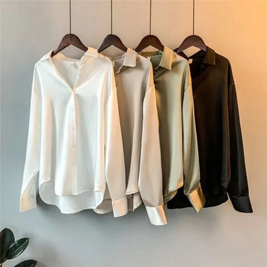 2026 Elegant Satin Plus Size Women Shirt Spring Autumn Turn-down Collar Ladies Blouse Autumn Vintage Casual Button Silk Tops