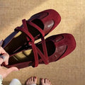 Spring Ballet Flats Women Comfy Splicing Leather Square Toe Mary Janes Elastic Cross Straps Vintage Sporty Ladies Footwear Shoes
