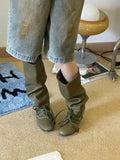 Personality Women Autumn Burgundy Pleated Knee-high Boots Round-Toe Slip-On With Ankle Strap Chunky Heels Large Tubular Booties