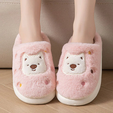 Cute Dog Pink Fur Slippers for Women Winter 2026 Comfy Soft Sole Fluffy Plush Lovely Girls Home Slippers Platform Indoor Shoes